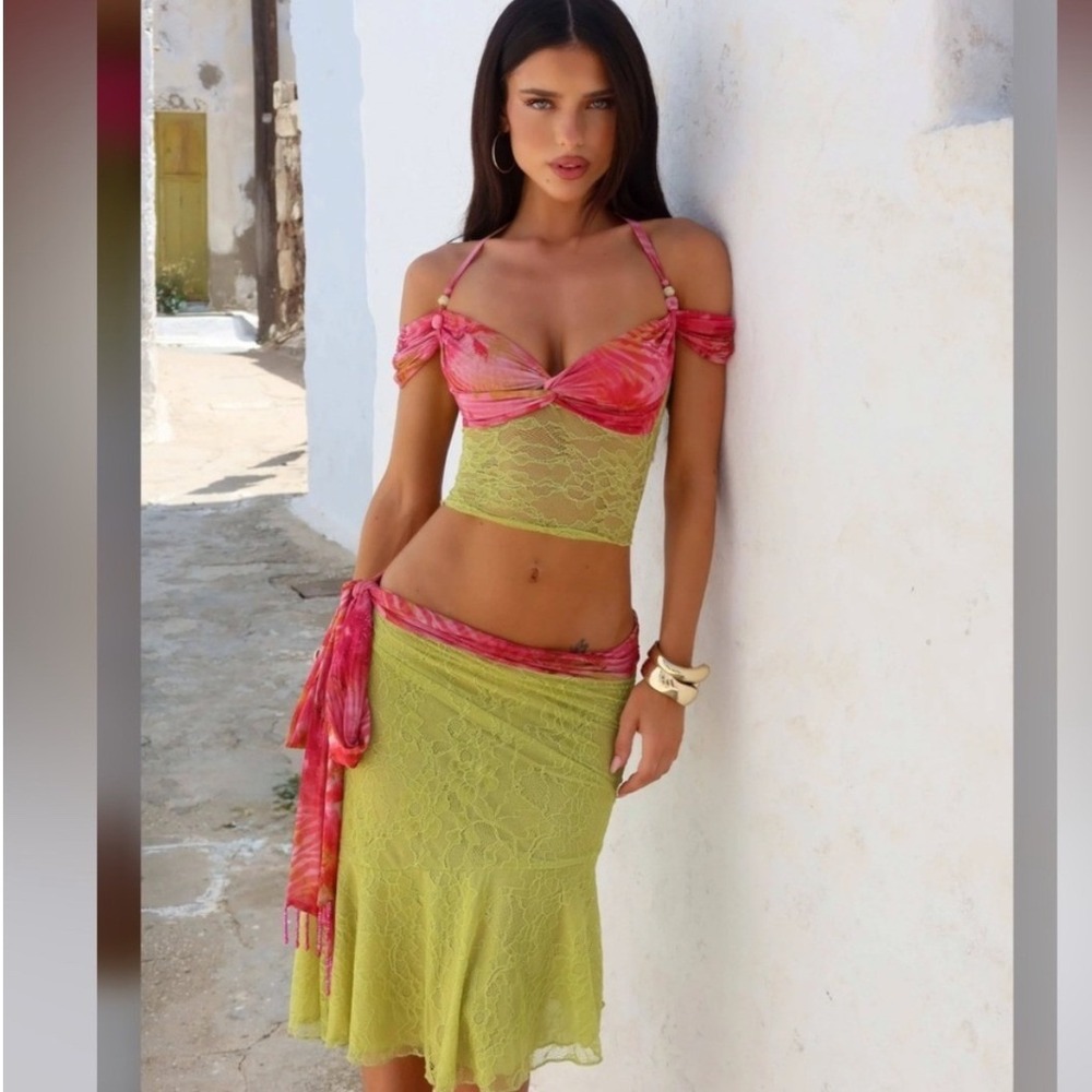 Outcast Pippin Top Women Medium Pink Green New NWT Lace Mesh Tie Dye Y2K Top